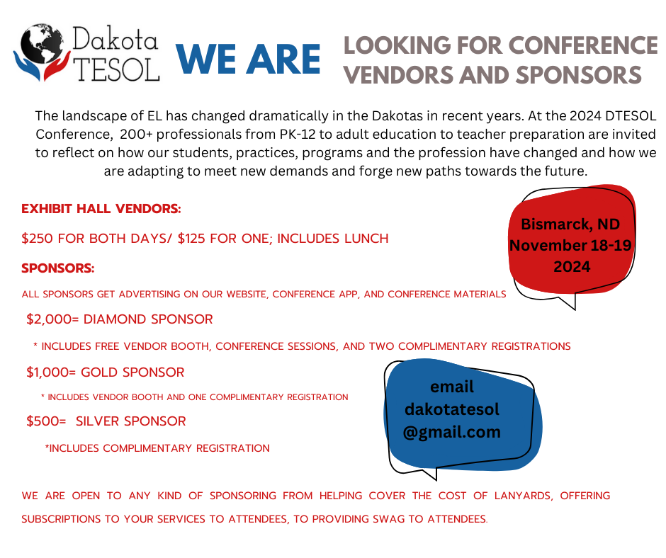 Call for vendors and sponsors for the 2024 Dakota TESOL Conference