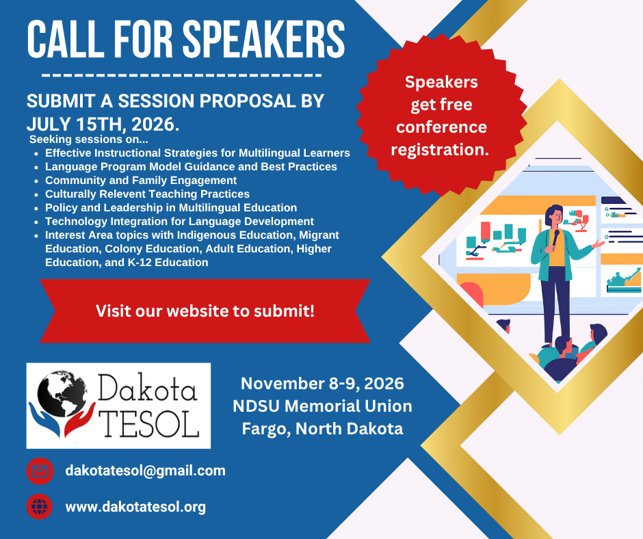 The image is a call for speakers at the 2026 Dakota TESOL Conference in Fargo, ND.