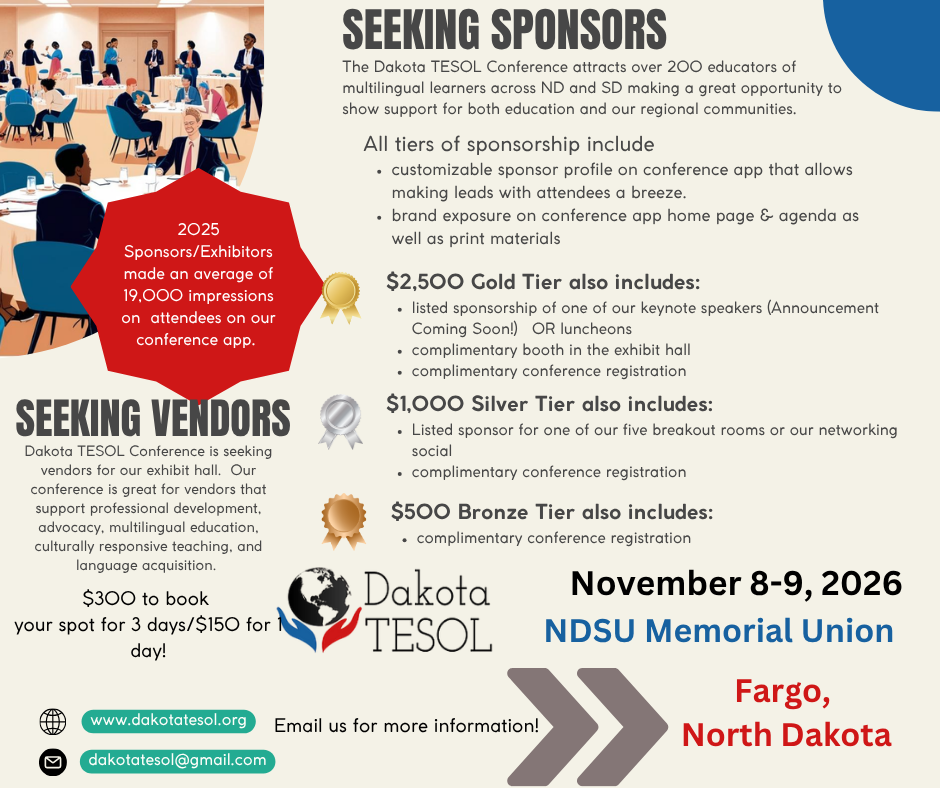 The image is a call for sponsors and vendors for the 2026 Dakota TESOL conference in Fargo, ND.
